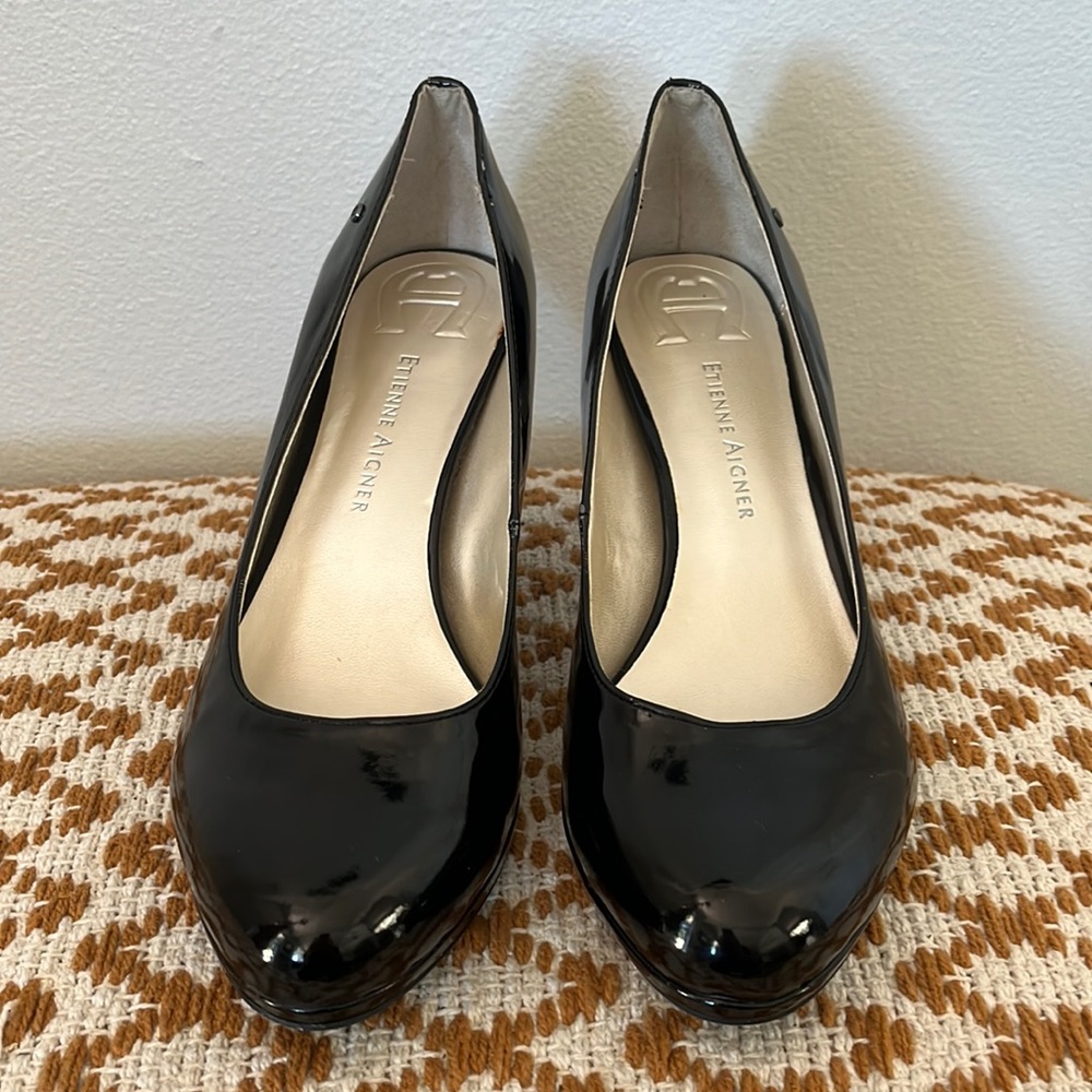 Etienne Aigner Black Patent Leather Heels, Size 8